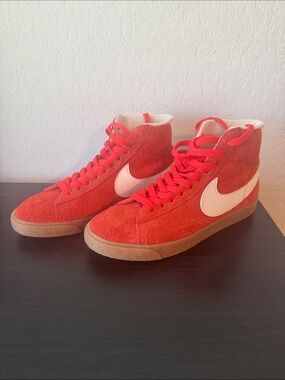 Nike Red Suede High-Top Sneakers with White Swoosh